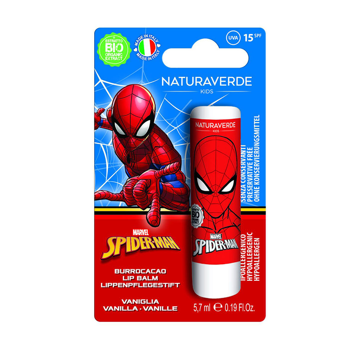 Дитячий бальзам для губ Naturaverde Kids Marvel Spiderman Vanilla Lip Balm, SPF 15, 5.7 мл